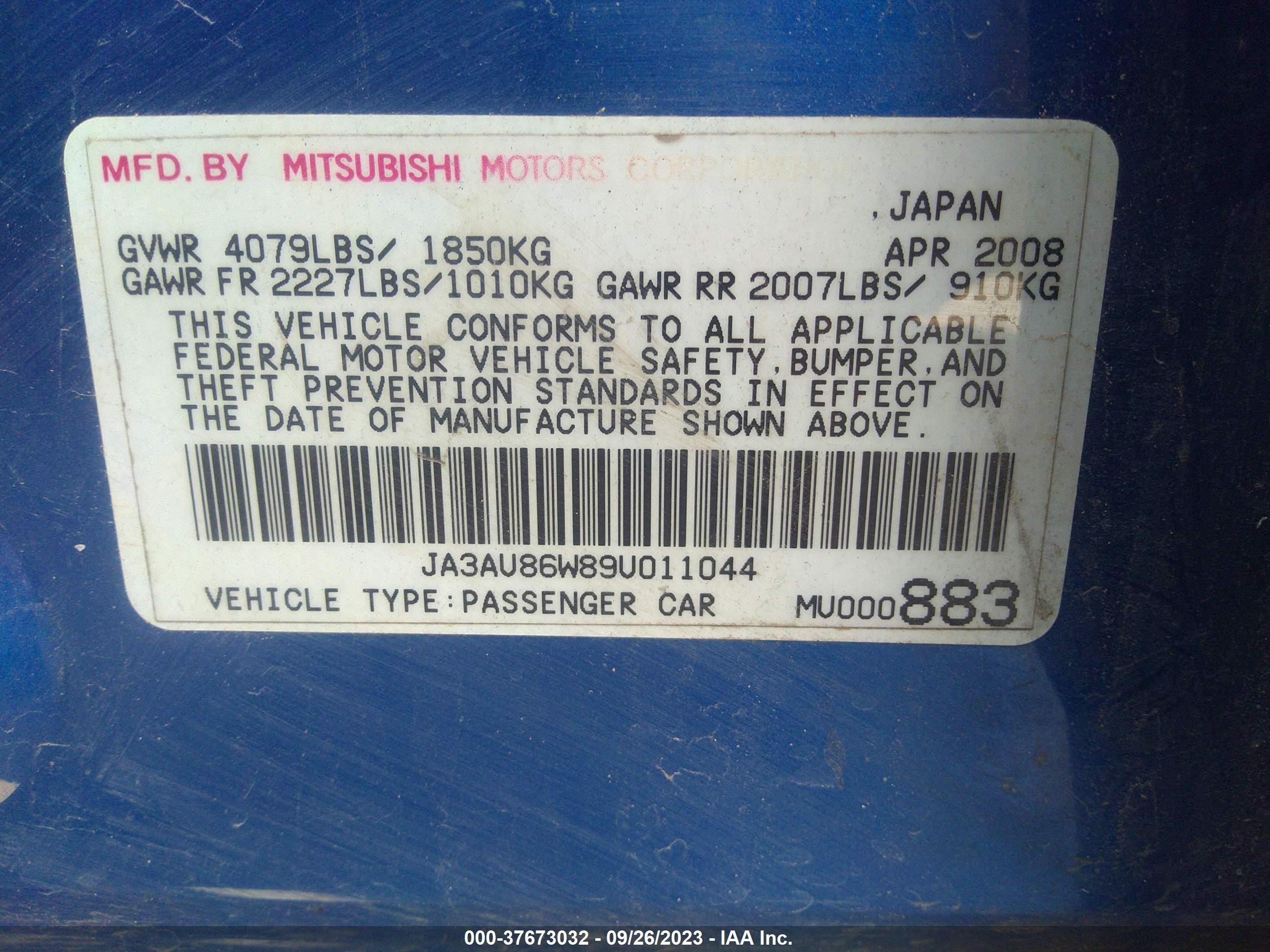 Photo 8 VIN: JA3AU86W89U011044 - MITSUBISHI LANCER 