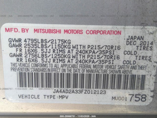 Photo 8 VIN: JA4AD2A33FZ012123 - MITSUBISHI OUTLANDER 