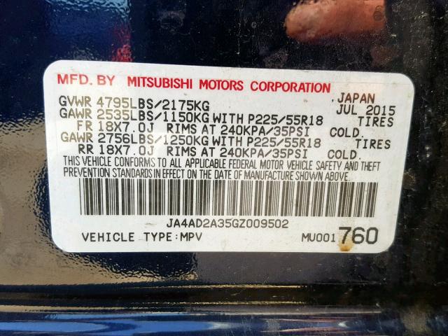 Photo 9 VIN: JA4AD2A35GZ009502 - MITSUBISHI OUTLANDER 