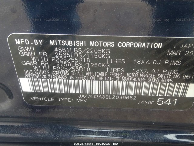 Photo 8 VIN: JA4AD2A39LZ039662 - MITSUBISHI OUTLANDER 