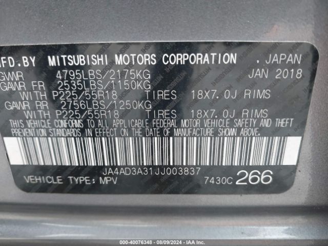 Photo 8 VIN: JA4AD3A31JJ003837 - MITSUBISHI OUTLANDER 