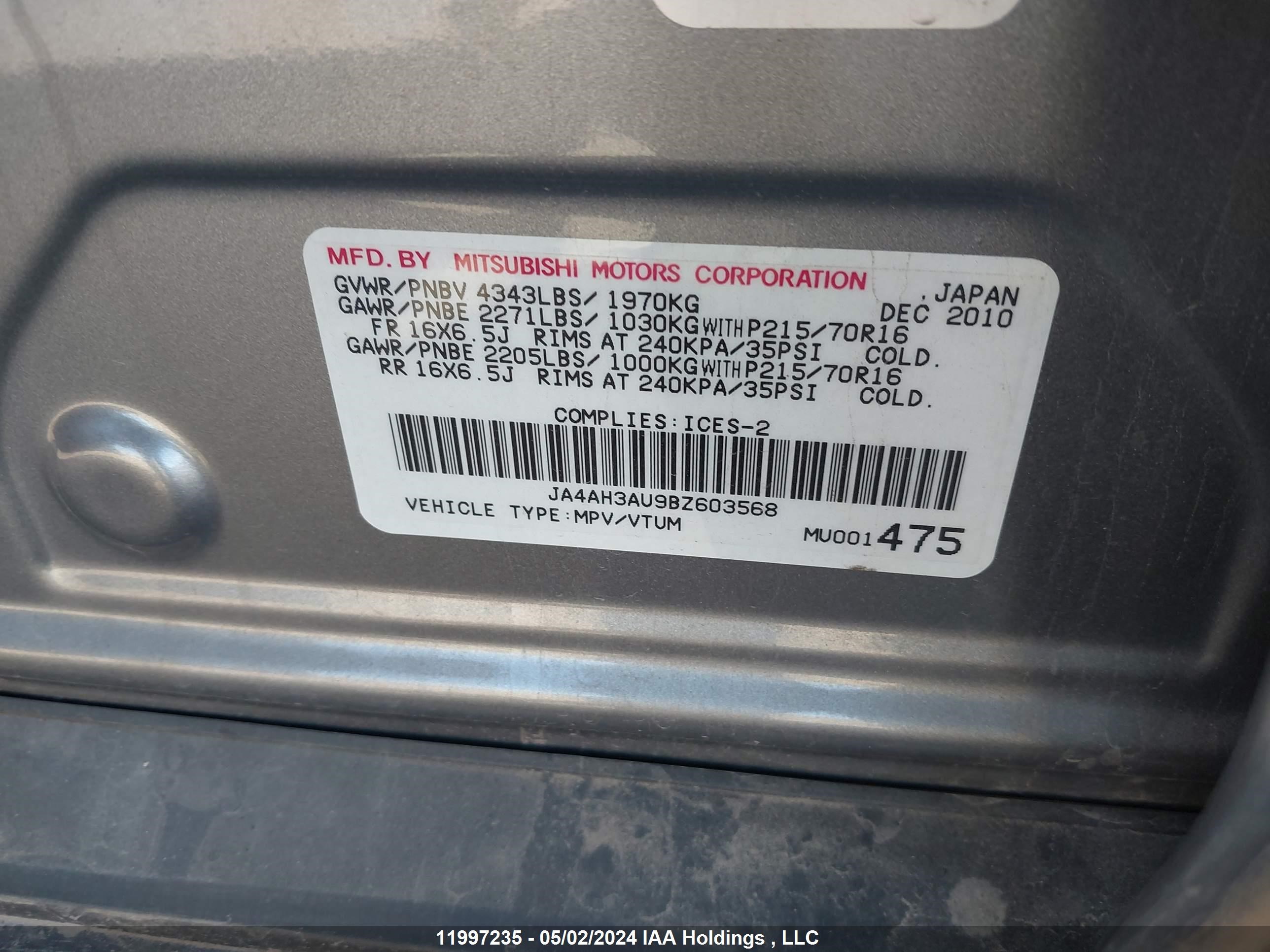 Photo 8 VIN: JA4AH3AU9BZ603568 - MITSUBISHI RVR 