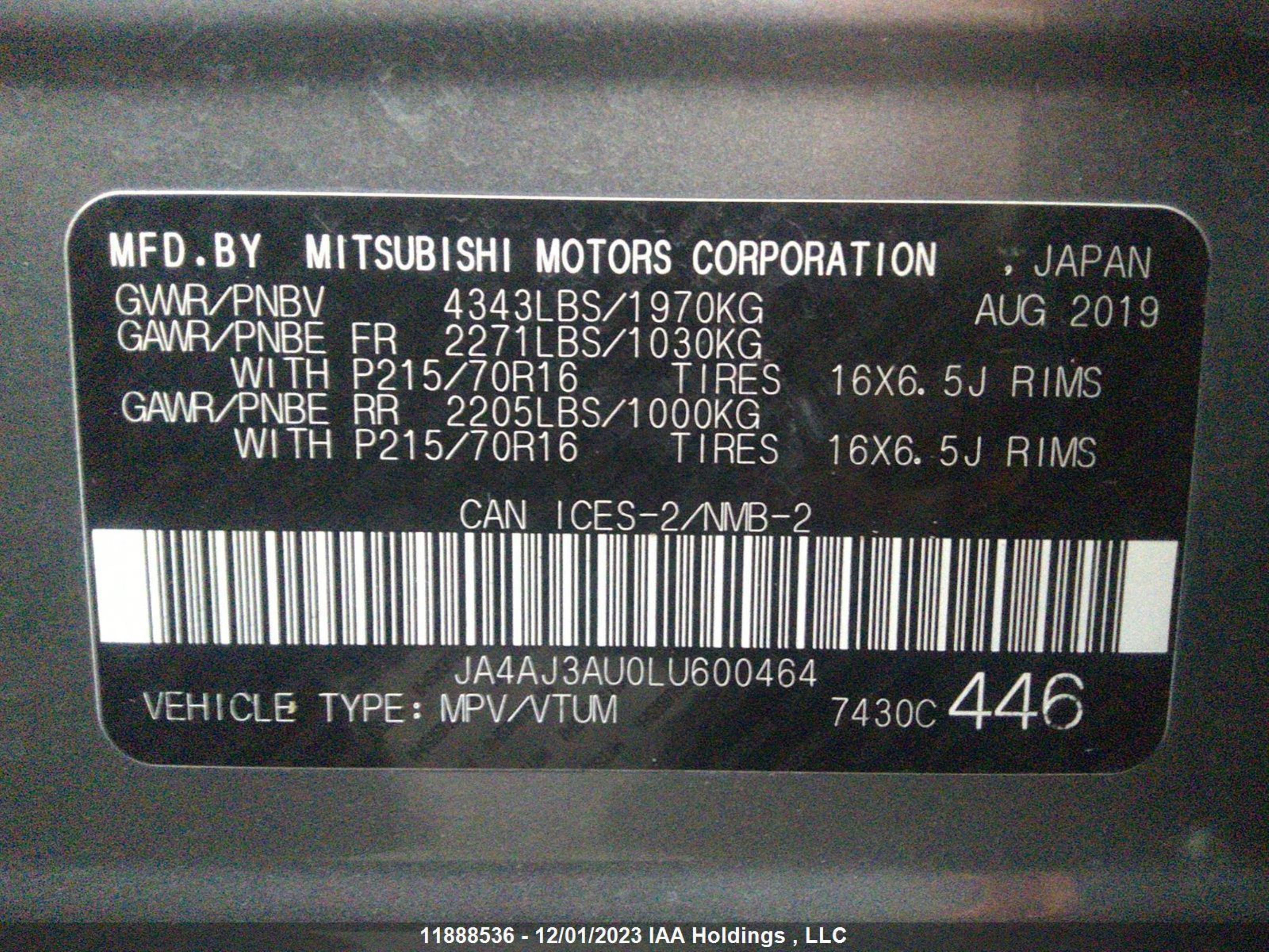 Photo 8 VIN: JA4AJ3AU0LU600464 - MITSUBISHI RVR 