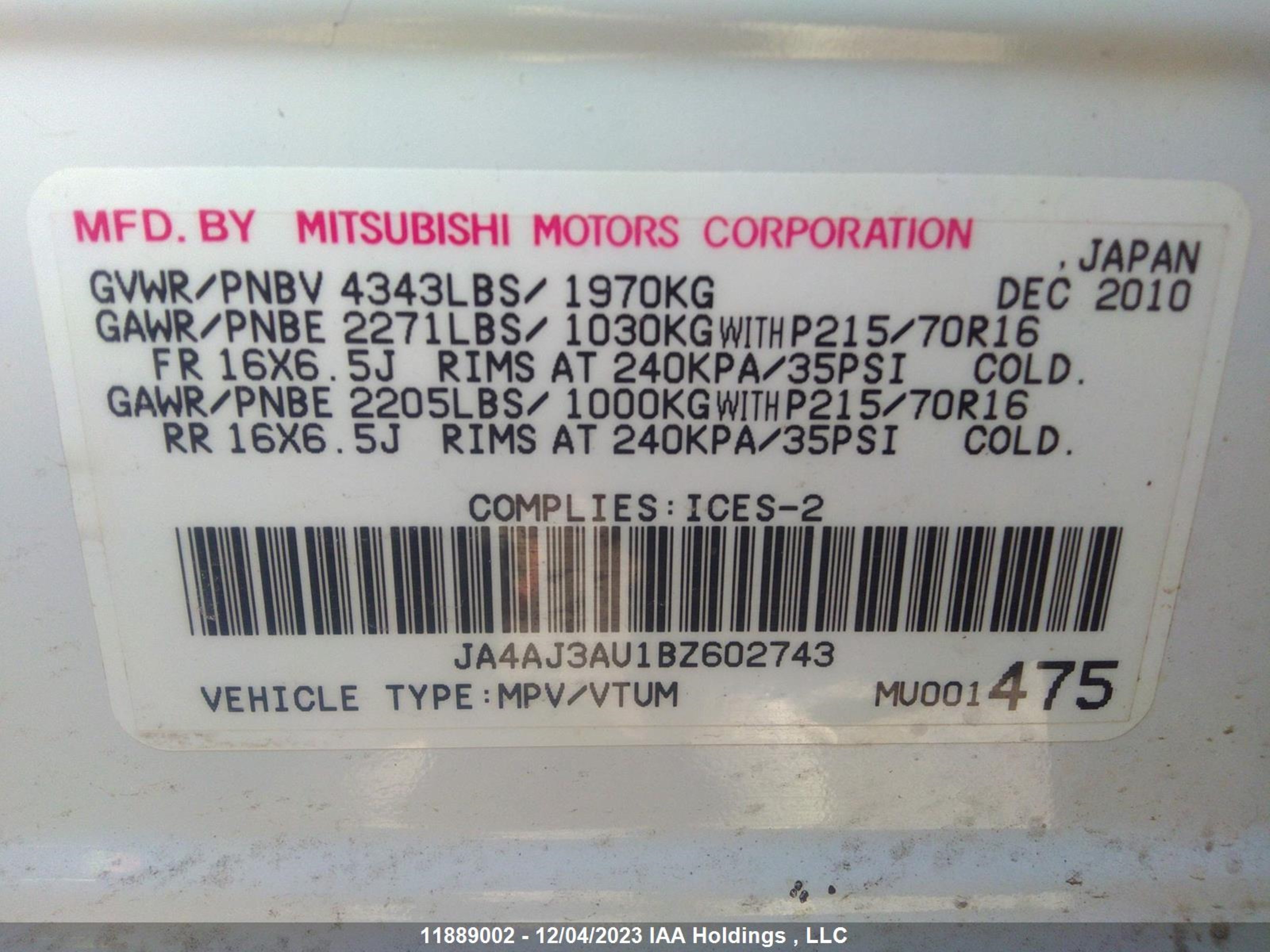 Photo 8 VIN: JA4AJ3AU1BZ602743 - MITSUBISHI RVR 