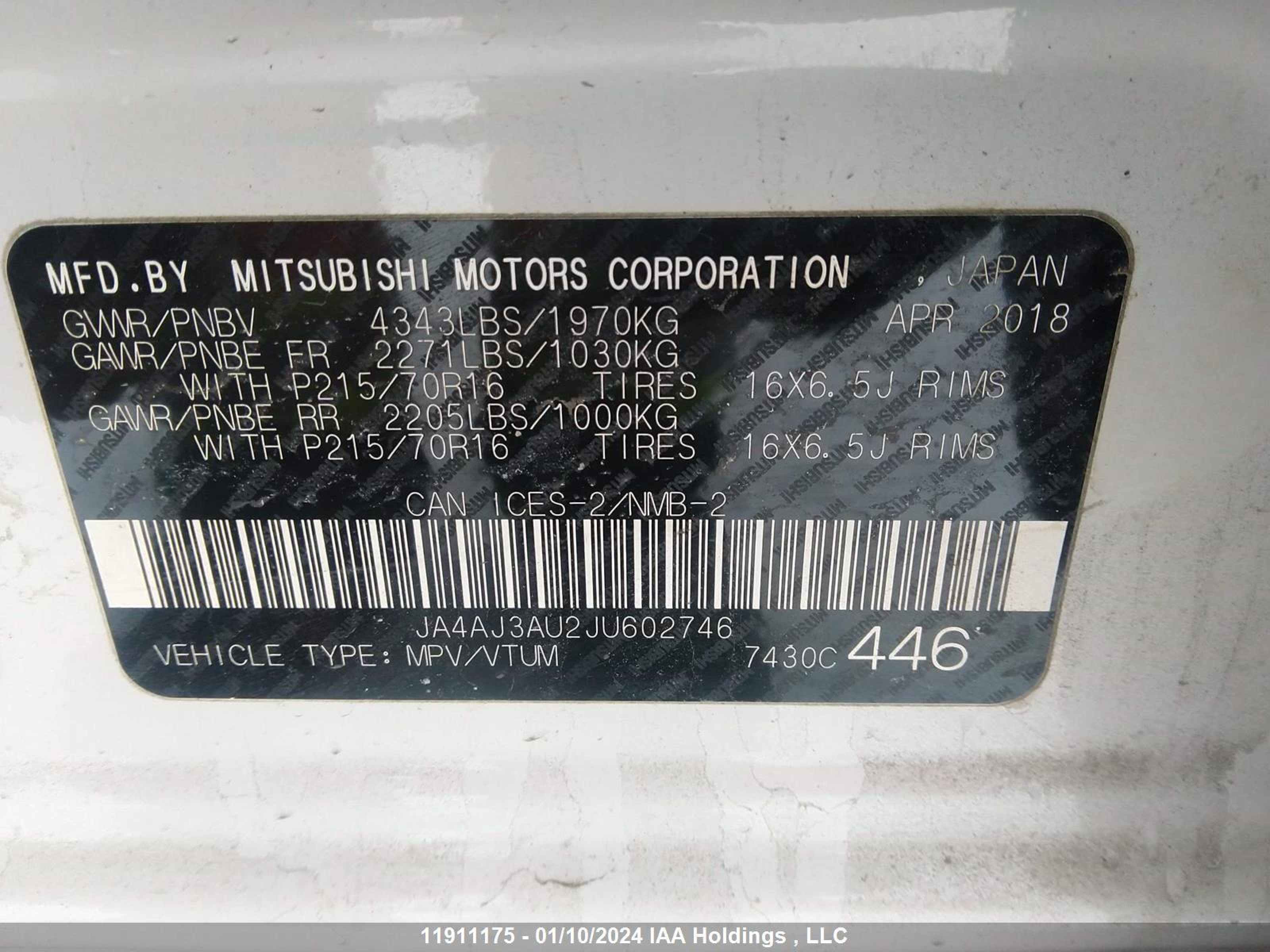 Photo 8 VIN: JA4AJ3AU2JU602746 - MITSUBISHI RVR 