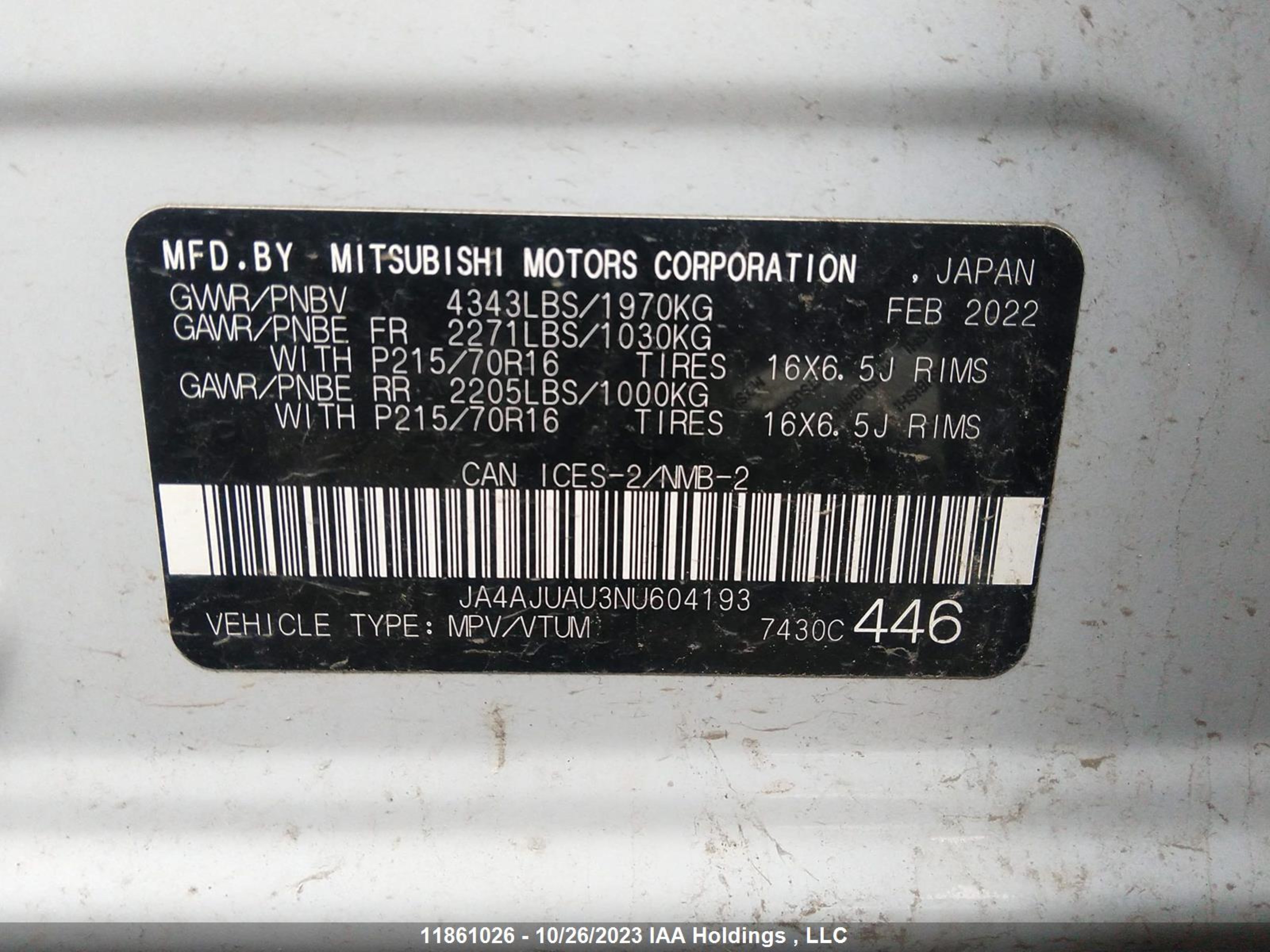 Photo 8 VIN: JA4AJUAU3NU604193 - MITSUBISHI RVR 