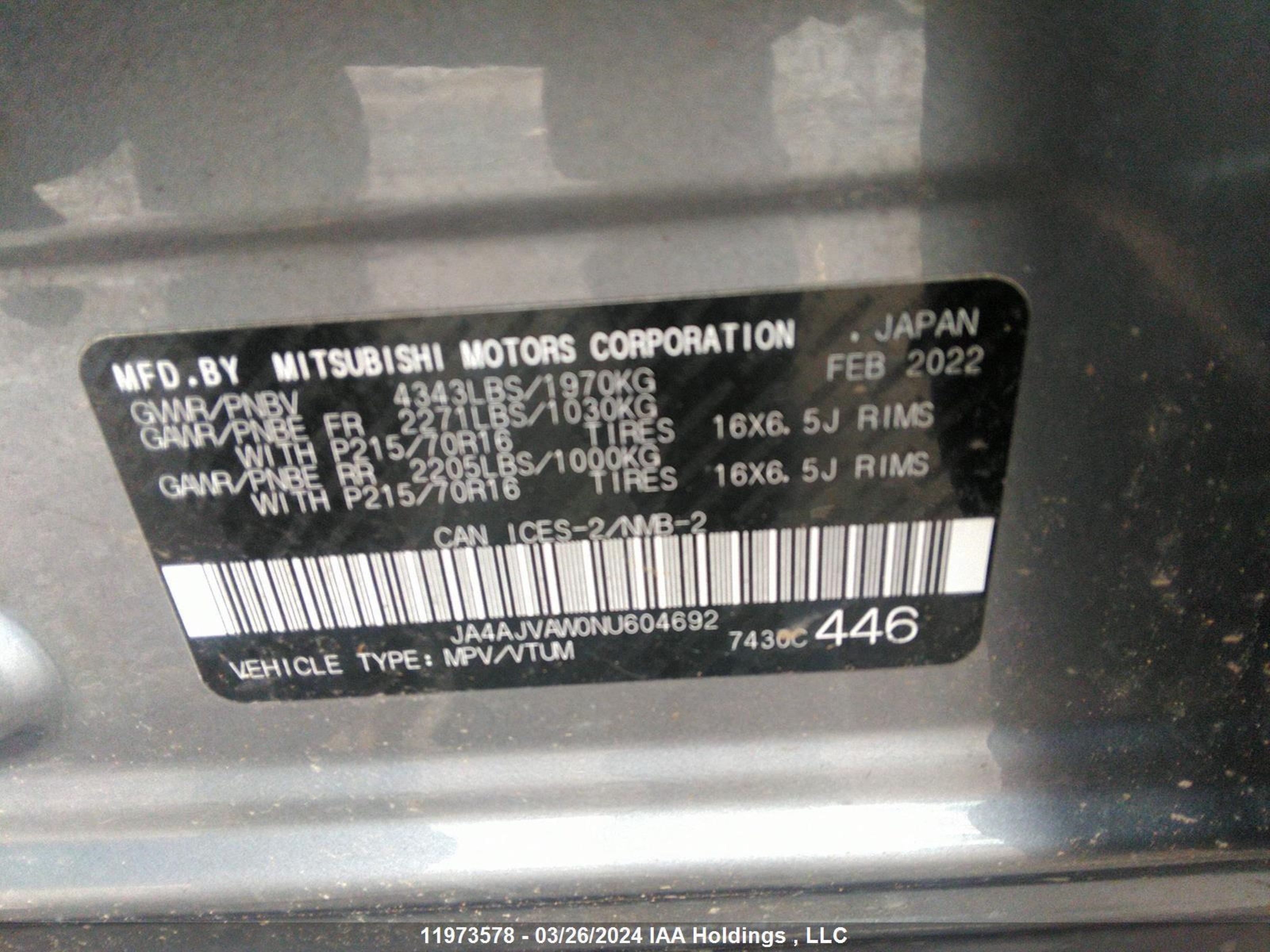 Photo 8 VIN: JA4AJVAW0NU604692 - MITSUBISHI RVR 