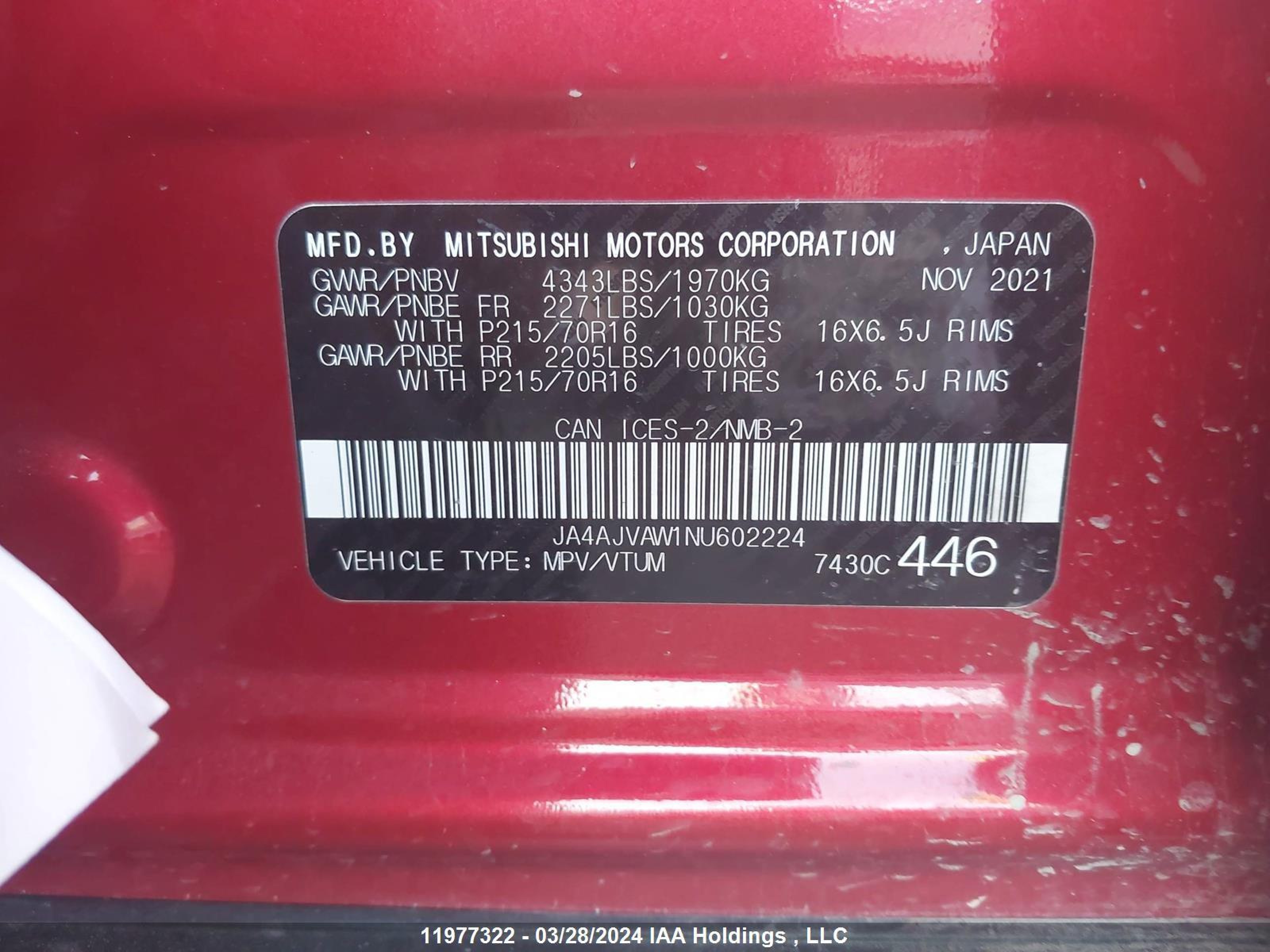 Photo 8 VIN: JA4AJVAW1NU602224 - MITSUBISHI RVR 