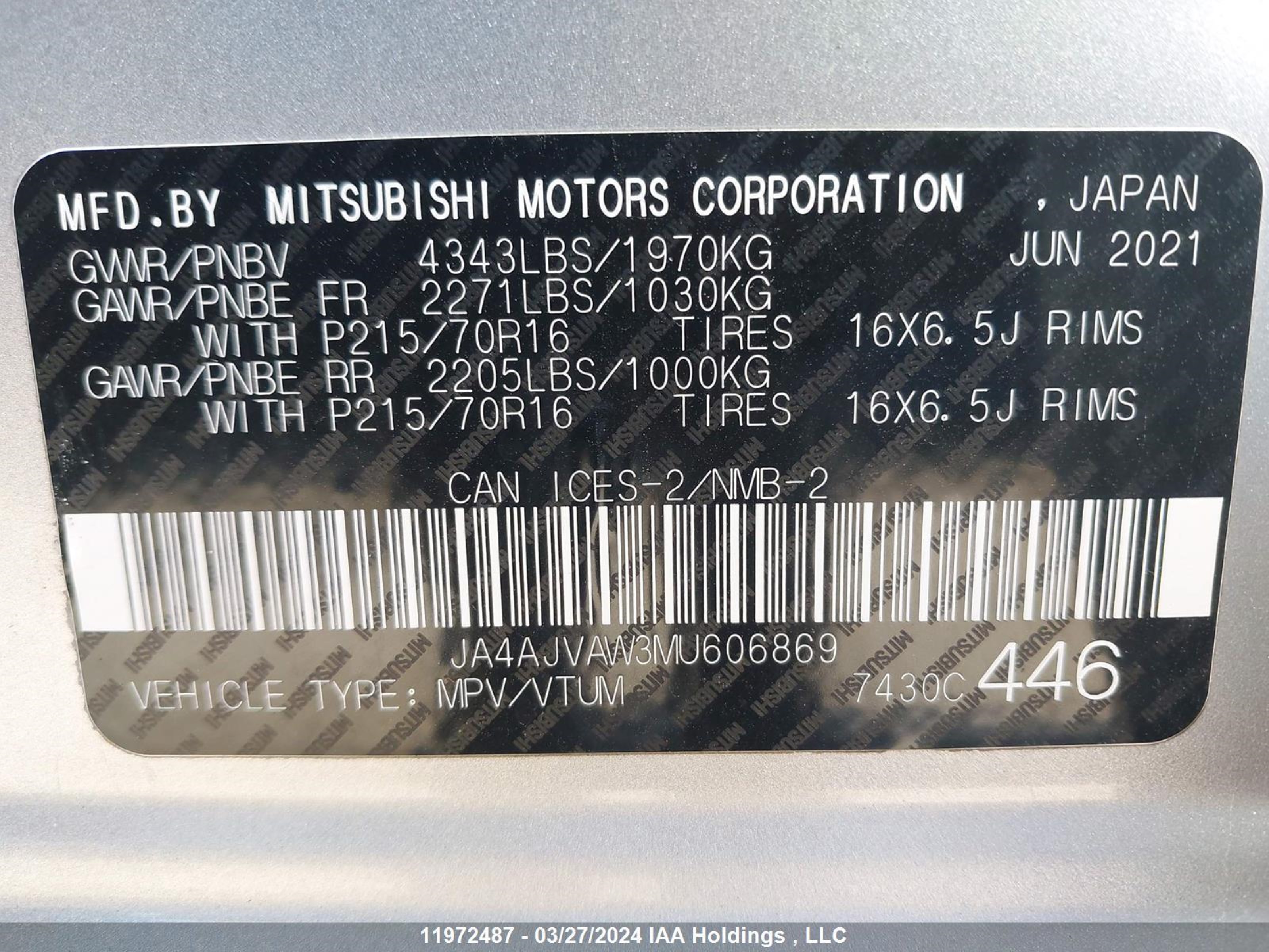 Photo 8 VIN: JA4AJVAW3MU606869 - MITSUBISHI RVR 