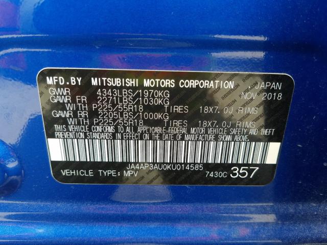 Photo 9 VIN: JA4AP3AU0KU014585 - MITSUBISHI OUTLANDER 