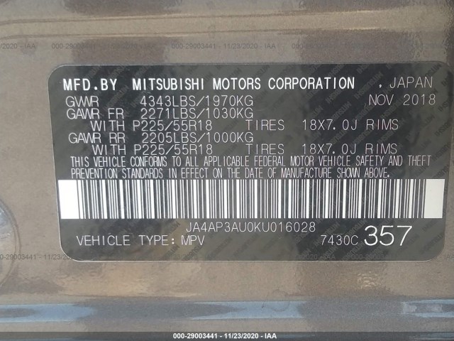 Photo 8 VIN: JA4AP3AU0KU016028 - MITSUBISHI OUTLANDER SPORT 