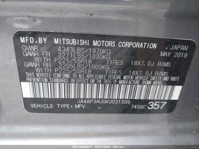 Photo 8 VIN: JA4AP3AU0KU031399 - MITSUBISHI OUTLANDER SPORT 