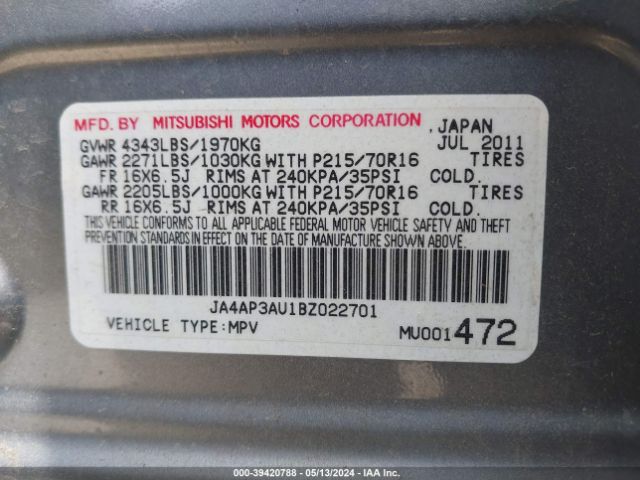 Photo 8 VIN: JA4AP3AU1BZ022701 - MITSUBISHI OUTLANDER SPORT 