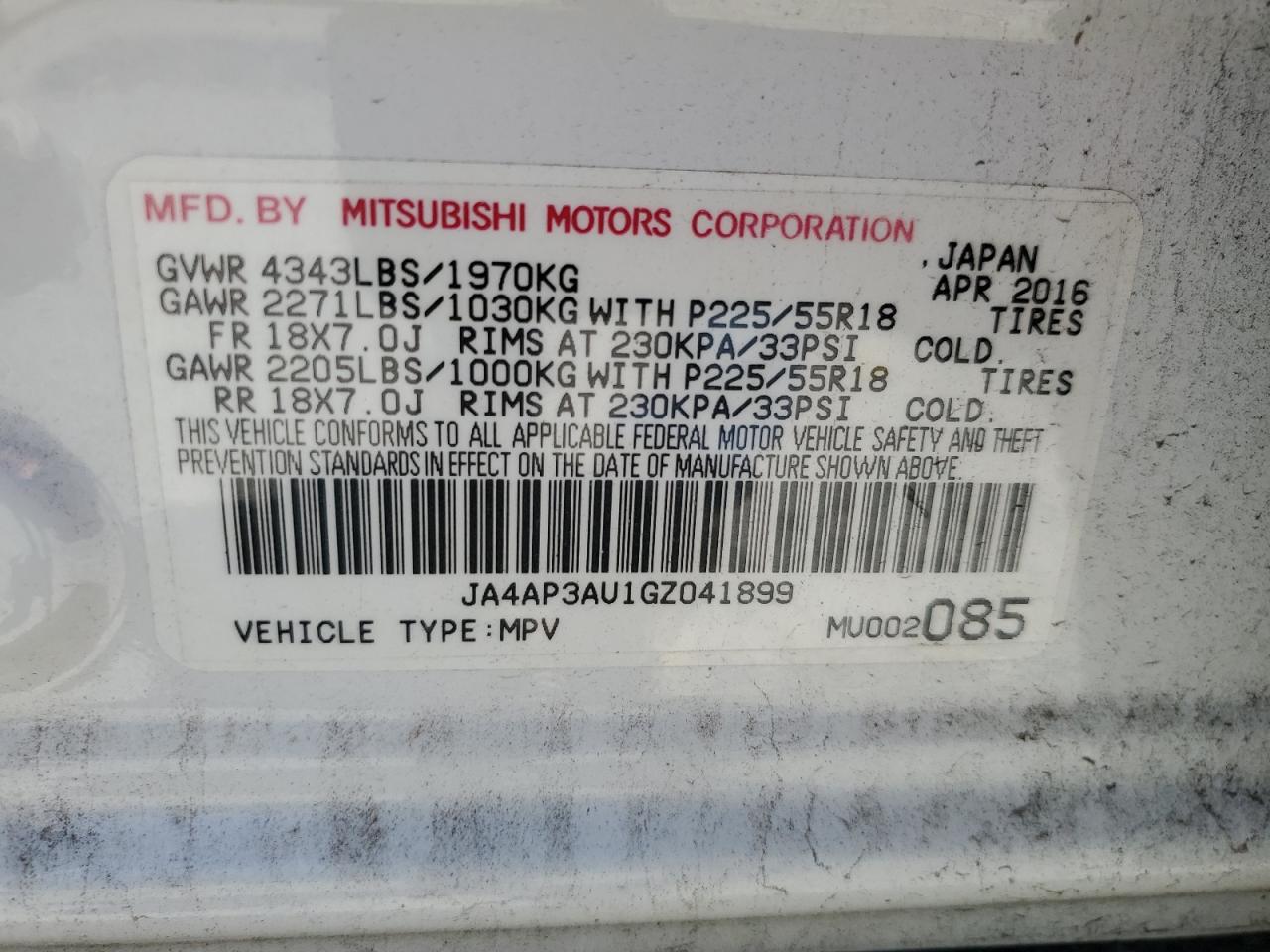 Photo 13 VIN: JA4AP3AU1GZ041899 - MITSUBISHI OUTLANDER 