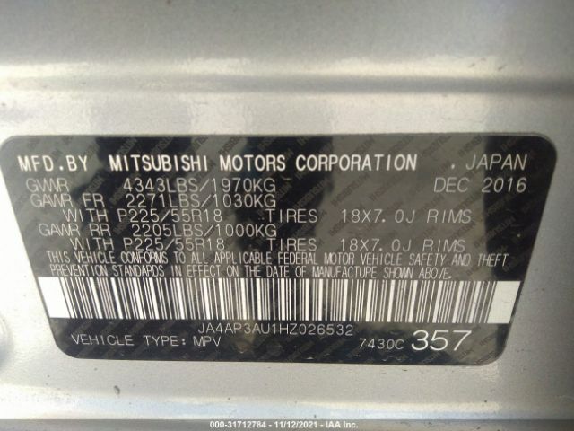 Photo 8 VIN: JA4AP3AU1HZ026532 - MITSUBISHI OUTLANDER SPORT 