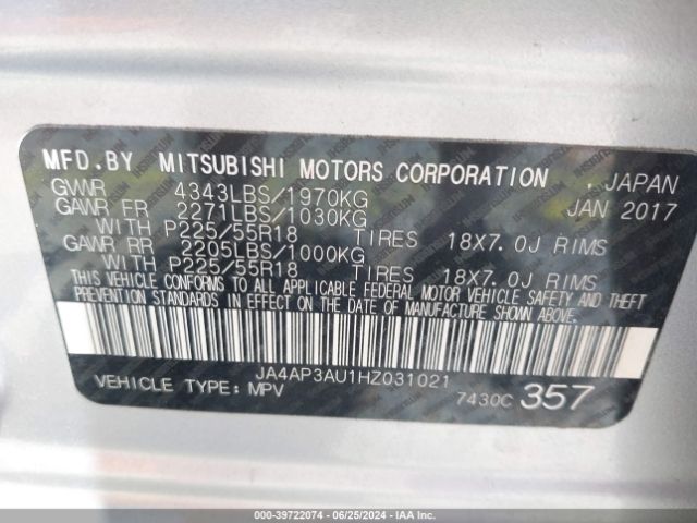 Photo 8 VIN: JA4AP3AU1HZ031021 - MITSUBISHI OUTLANDER SPORT 