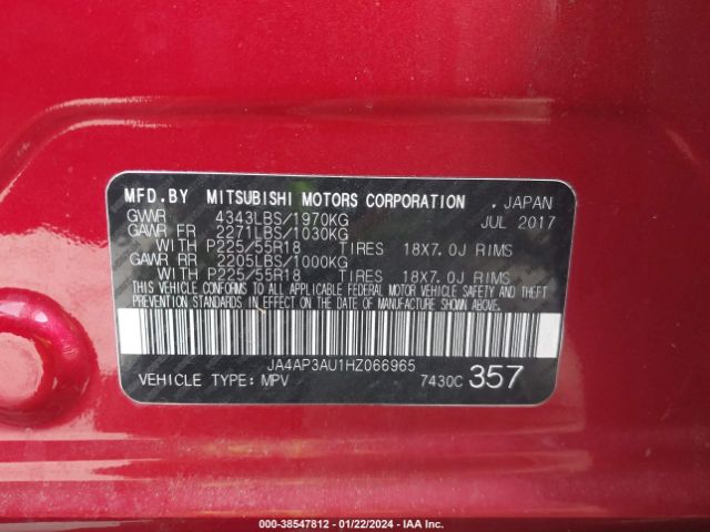 Photo 8 VIN: JA4AP3AU1HZ066965 - MITSUBISHI OUTLANDER SPORT 