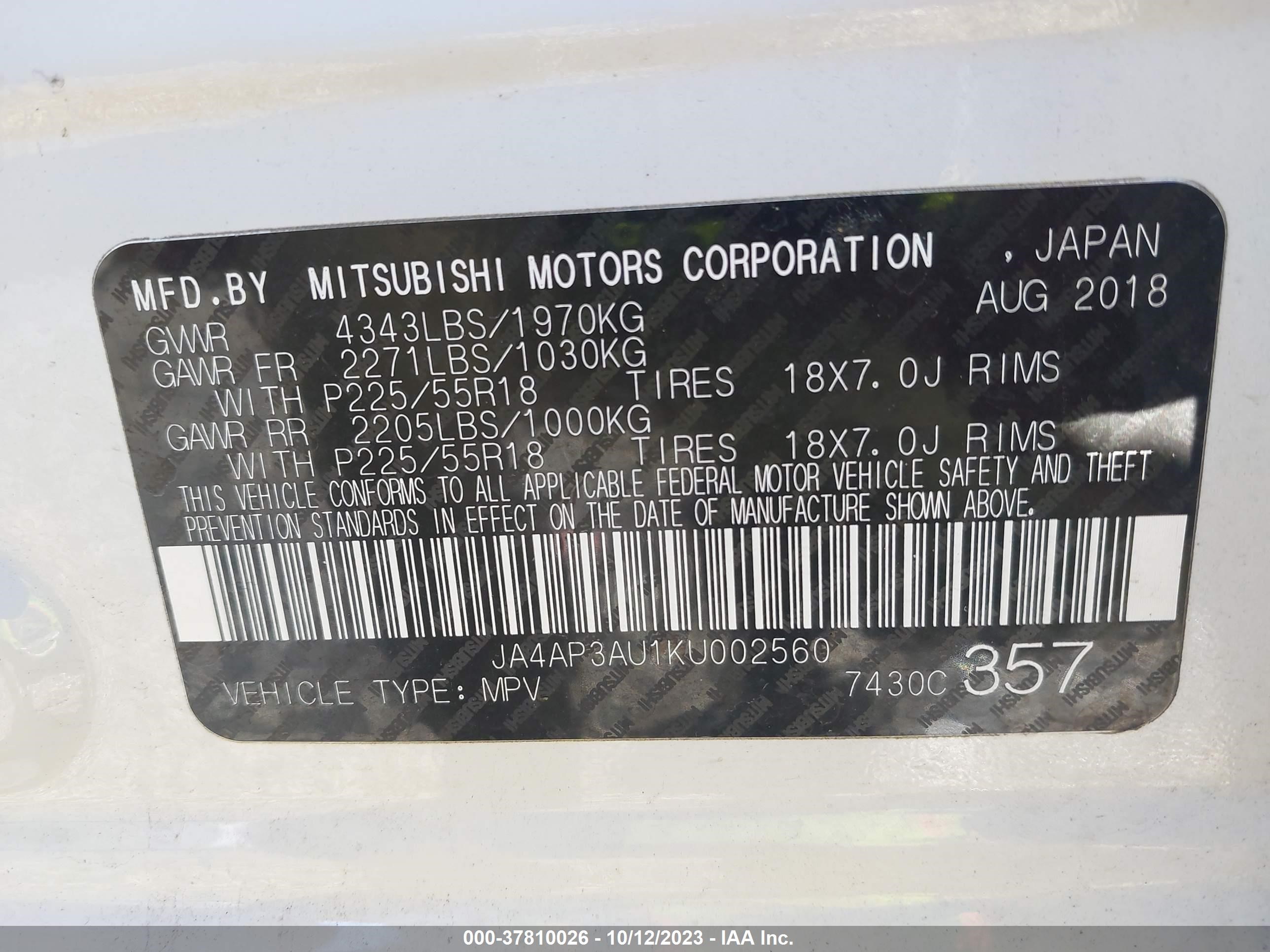 Photo 8 VIN: JA4AP3AU1KU002560 - MITSUBISHI OUTLANDER 