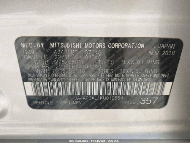 Photo 8 VIN: JA4AP3AU1KU012554 - MITSUBISHI OUTLANDER SPORT 