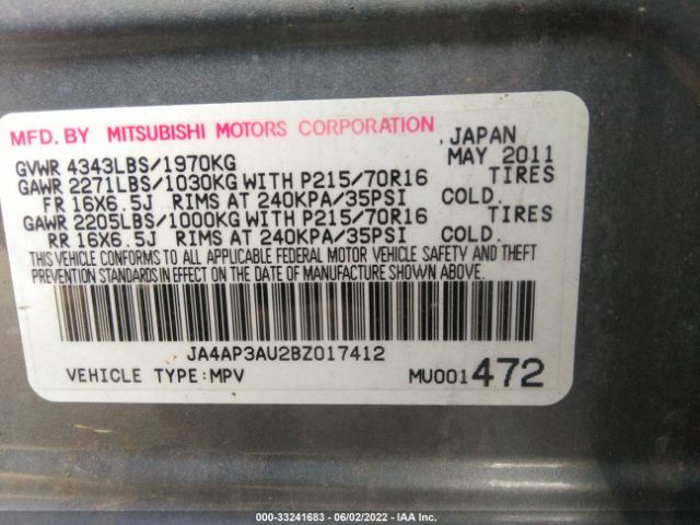 Photo 8 VIN: JA4AP3AU2BZ017412 - MITSUBISHI OUTLANDER SPORT 