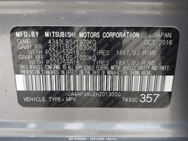 Photo 8 VIN: JA4AP3AU2HZ013000 - MITSUBISHI OUTLANDER SPORT 