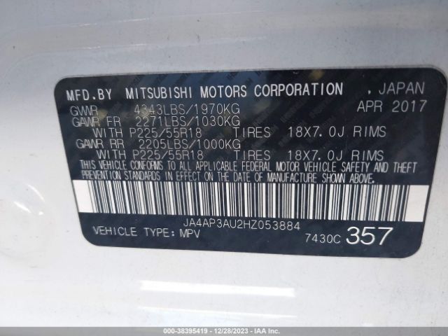 Photo 8 VIN: JA4AP3AU2HZ053884 - MITSUBISHI OUTLANDER SPORT 