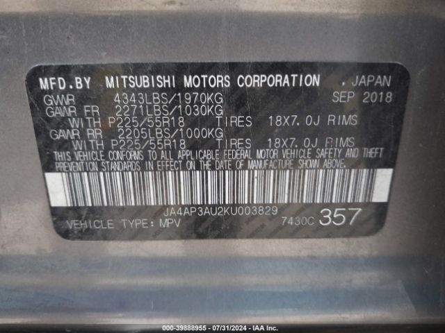 Photo 8 VIN: JA4AP3AU2KU003829 - MITSUBISHI OUTLANDER SPORT 