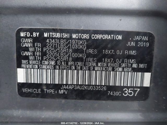 Photo 8 VIN: JA4AP3AU2KU033526 - MITSUBISHI OUTLANDER SPORT 