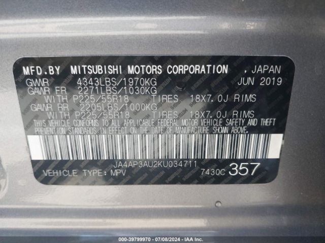 Photo 8 VIN: JA4AP3AU2KU034711 - MITSUBISHI OUTLANDER SPORT 