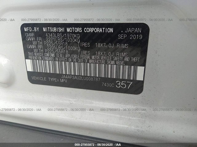 Photo 8 VIN: JA4AP3AU2LU008787 - MITSUBISHI OUTLANDER SPORT 