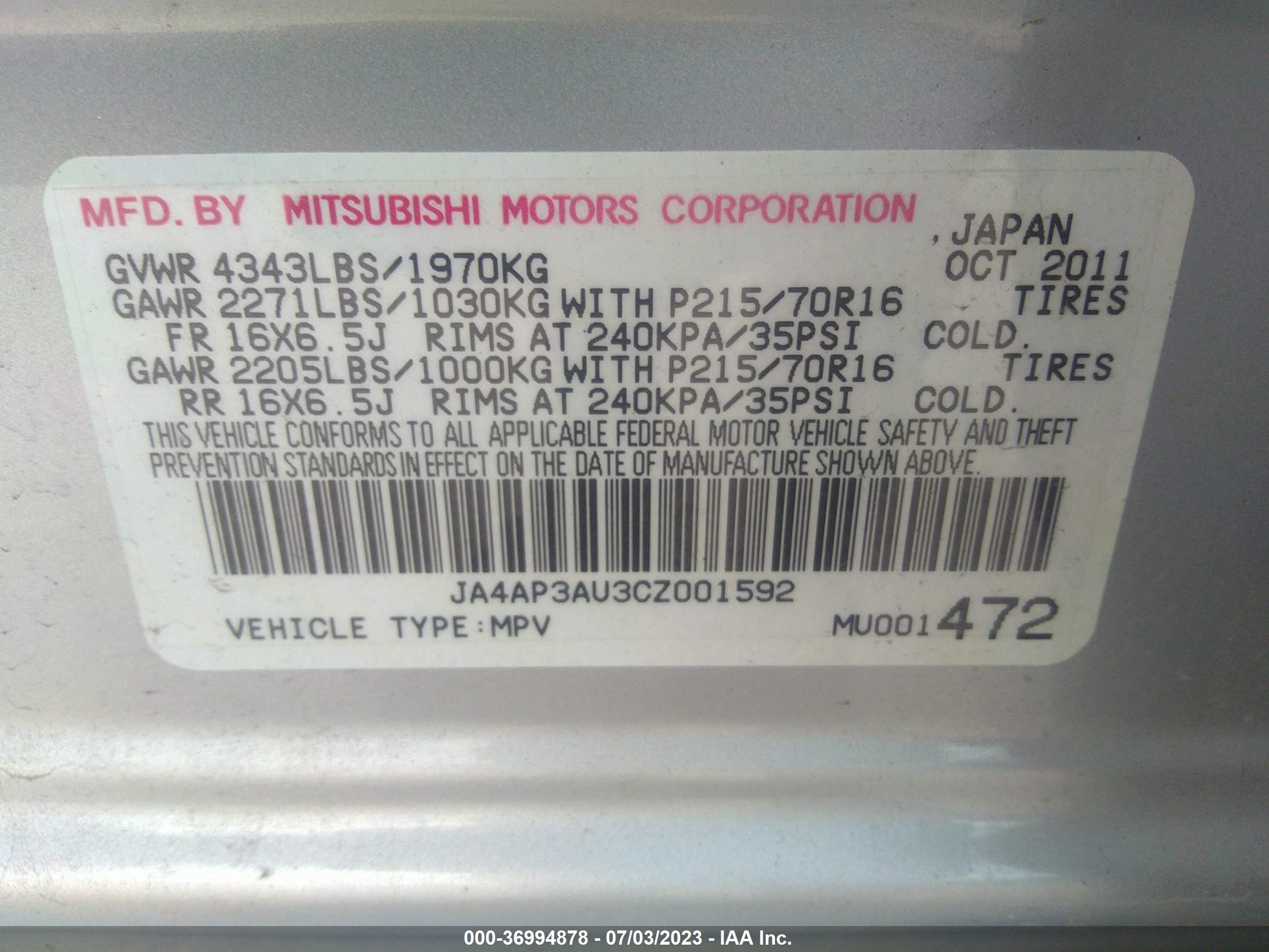 Photo 8 VIN: JA4AP3AU3CZ001592 - MITSUBISHI OUTLANDER 