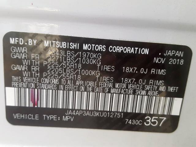 Photo 9 VIN: JA4AP3AU3KU012751 - MITSUBISHI OUTLANDER 