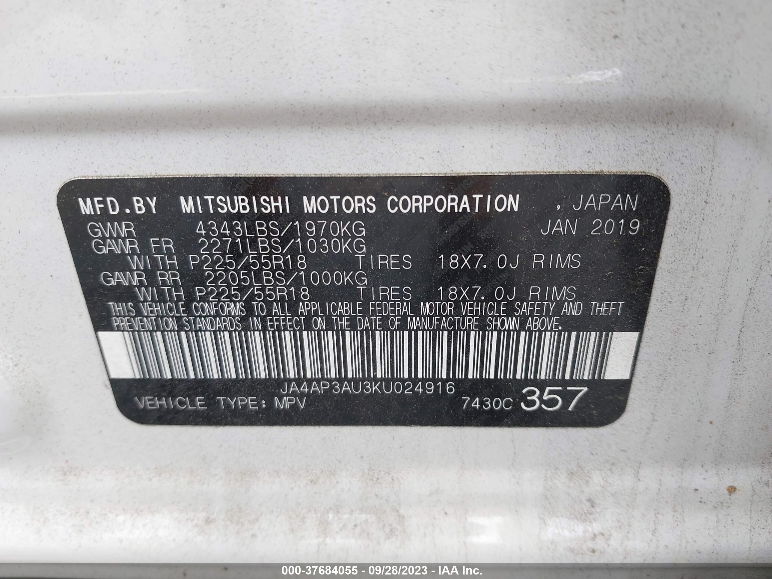 Photo 8 VIN: JA4AP3AU3KU024916 - MITSUBISHI OUTLANDER 