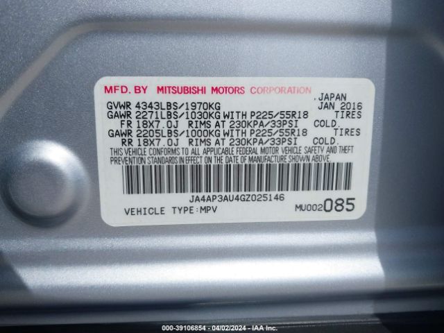 Photo 8 VIN: JA4AP3AU4GZ025146 - MITSUBISHI OUTLANDER SPORT 