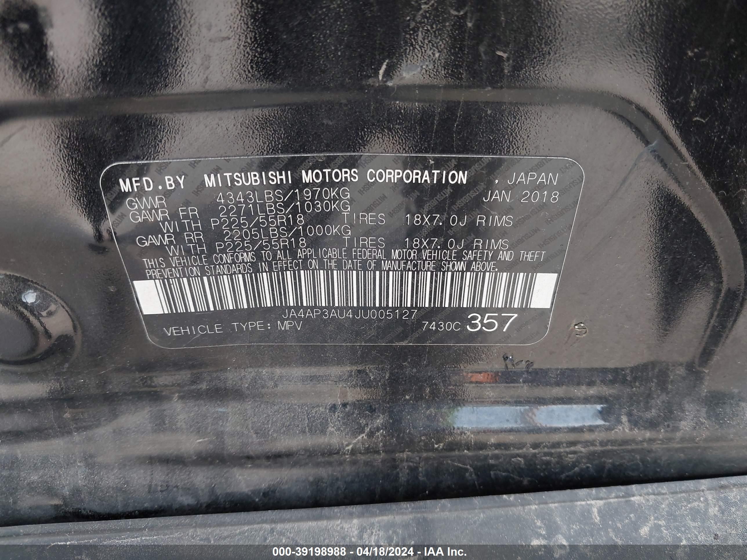 Photo 8 VIN: JA4AP3AU4JU005127 - MITSUBISHI OUTLANDER 