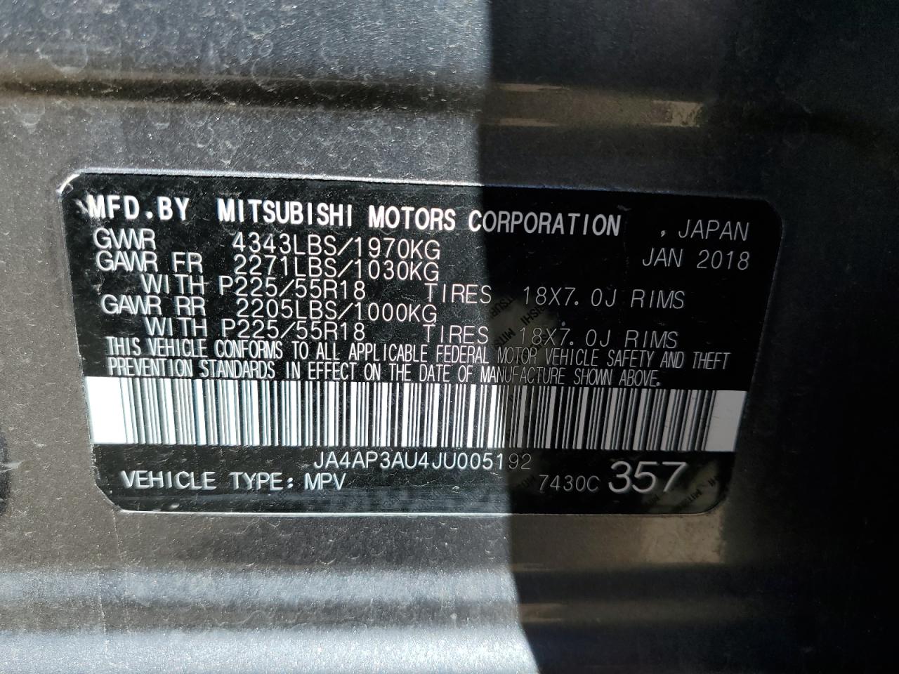 Photo 12 VIN: JA4AP3AU4JU005192 - MITSUBISHI OUTLANDER 