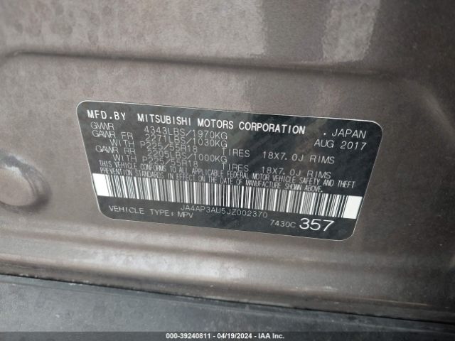 Photo 8 VIN: JA4AP3AU5JZ002370 - MITSUBISHI OUTLANDER SPORT 