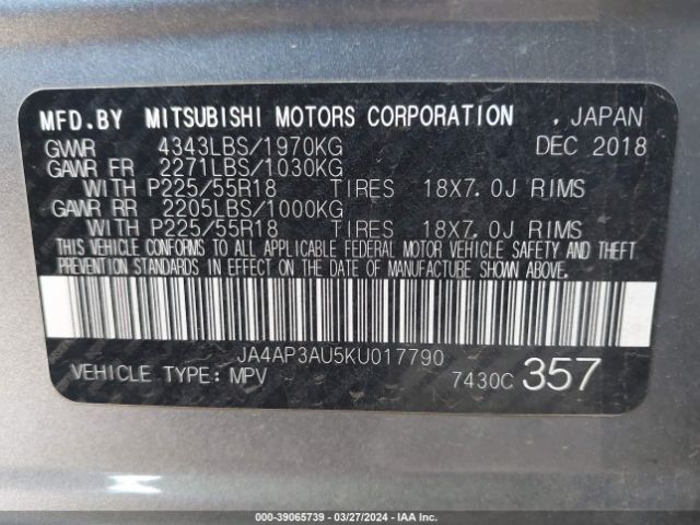 Photo 8 VIN: JA4AP3AU5KU017790 - MITSUBISHI OUTLANDER SPORT 