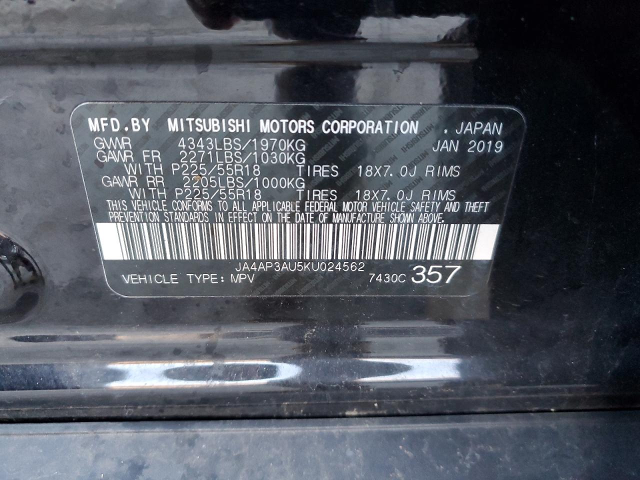 Photo 11 VIN: JA4AP3AU5KU024562 - MITSUBISHI OUTLANDER 