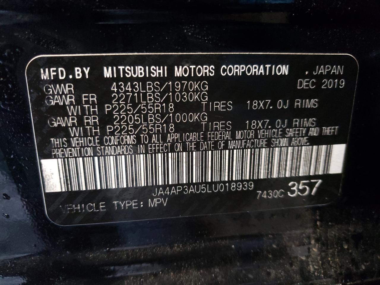 Photo 12 VIN: JA4AP3AU5LU018939 - MITSUBISHI OUTLANDER 