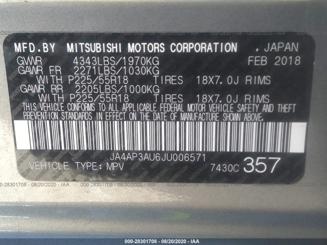 Photo 8 VIN: JA4AP3AU6JU006571 - MITSUBISHI OUTLANDER-SPORT 