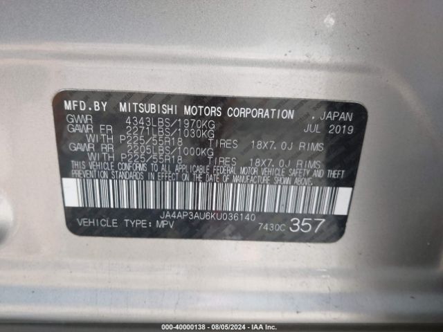 Photo 8 VIN: JA4AP3AU6KU036140 - MITSUBISHI OUTLANDER SPORT 