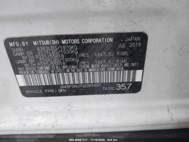 Photo 8 VIN: JA4AP3AU7GZ065897 - MITSUBISHI OUTLANDER SPORT 