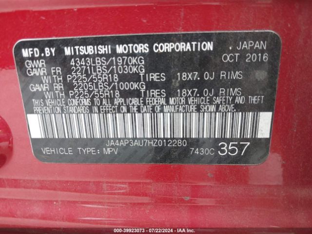 Photo 8 VIN: JA4AP3AU7HZ012280 - MITSUBISHI OUTLANDER SPORT 