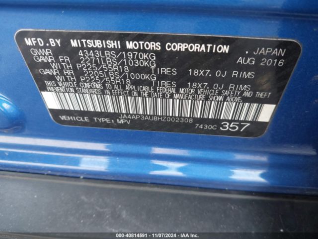 Photo 8 VIN: JA4AP3AU8HZ002308 - MITSUBISHI OUTLANDER SPORT 