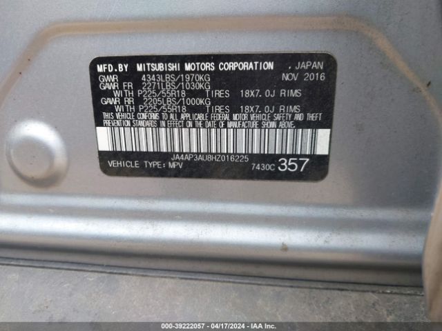 Photo 8 VIN: JA4AP3AU8HZ016225 - MITSUBISHI OUTLANDER SPORT 