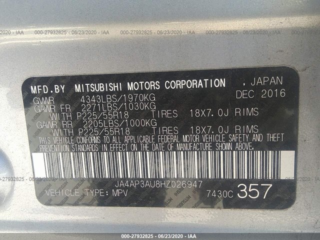 Photo 8 VIN: JA4AP3AU8HZ026947 - MITSUBISHI OUTLANDER SPORT 