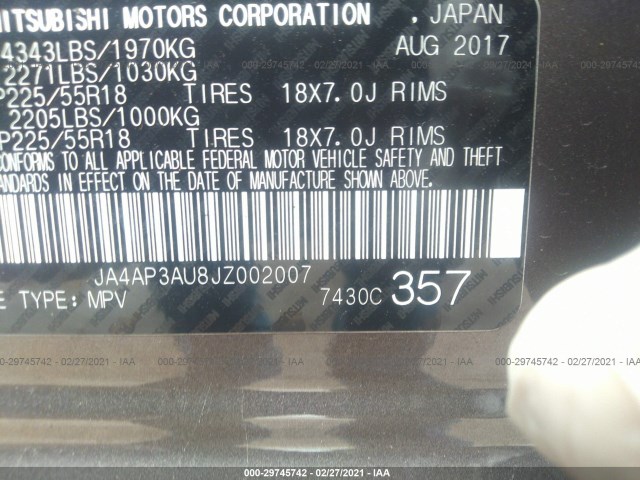 Photo 8 VIN: JA4AP3AU8JZ002007 - MITSUBISHI OUTLANDER SPORT 