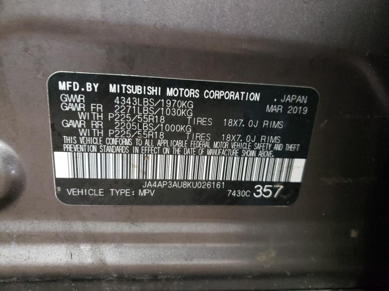 Photo 11 VIN: JA4AP3AU8KU026161 - MITSUBISHI OUTLANDER 