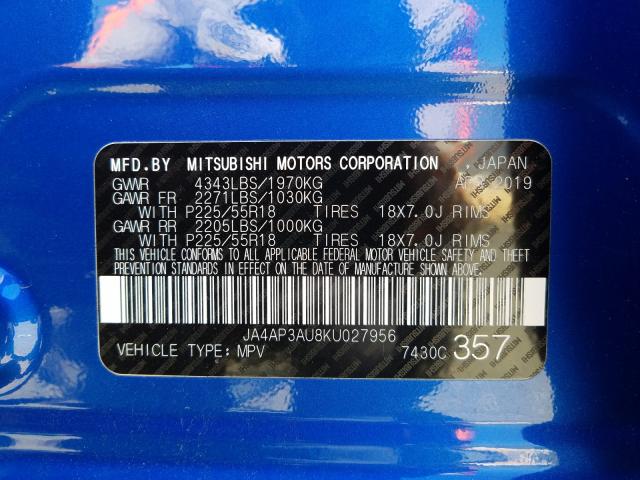 Photo 9 VIN: JA4AP3AU8KU027956 - MITSUBISHI OUTLANDER 